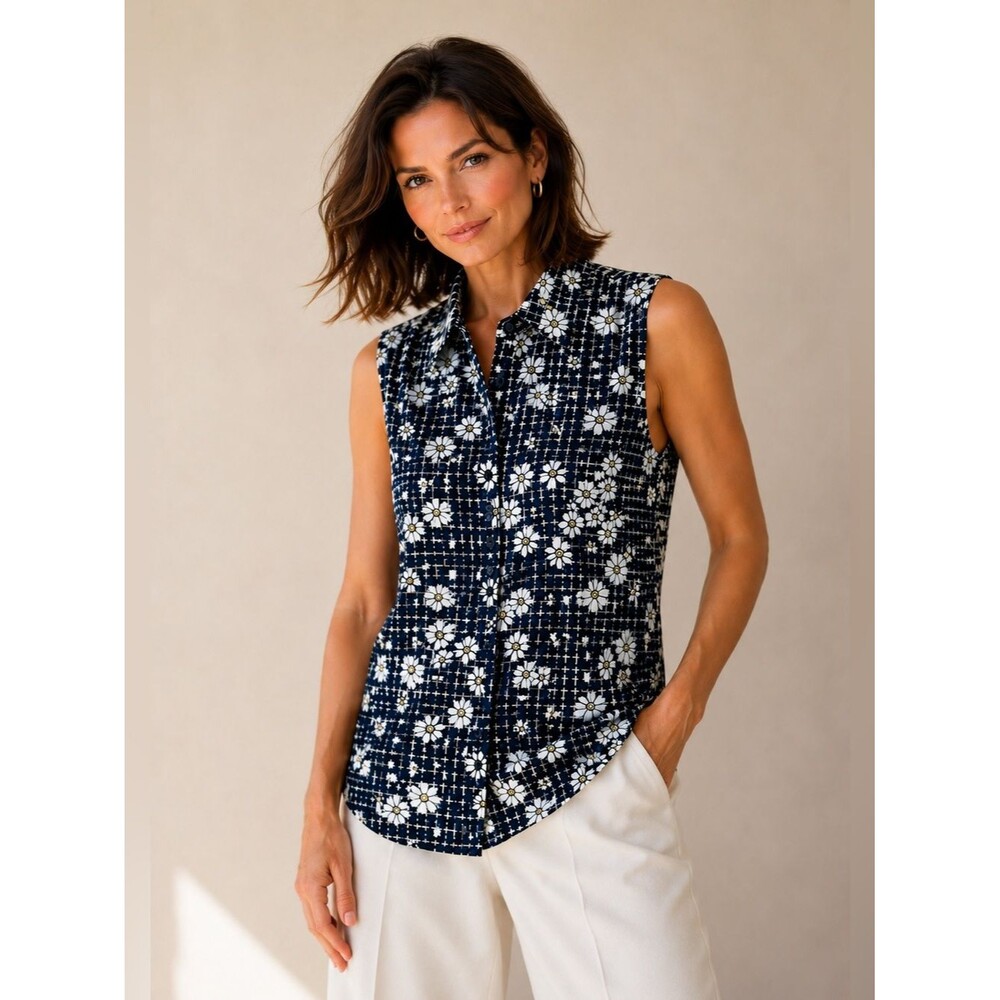 Neiman Marcus Floral Grid Hi Low Sleeveless Blouse Top Medium NWOT